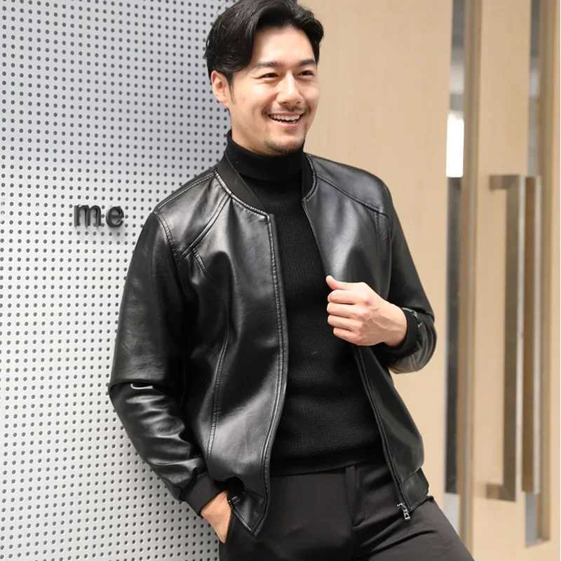Casual Faux Leather Stand Collar Jacket For Men Thin Style Autumn/Winter Baseball Cap Pinned Leather VestT250311