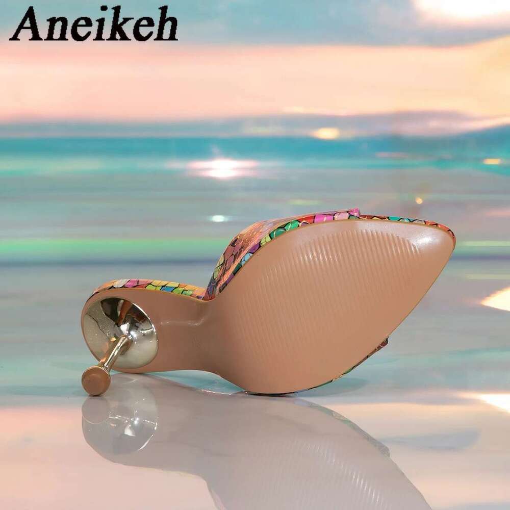 Pointed Colored Aneikeh Slim Heel Sexy Bg Slippers for Women Summer Party Prom Mules Shoes Gladiator Sandals atos
