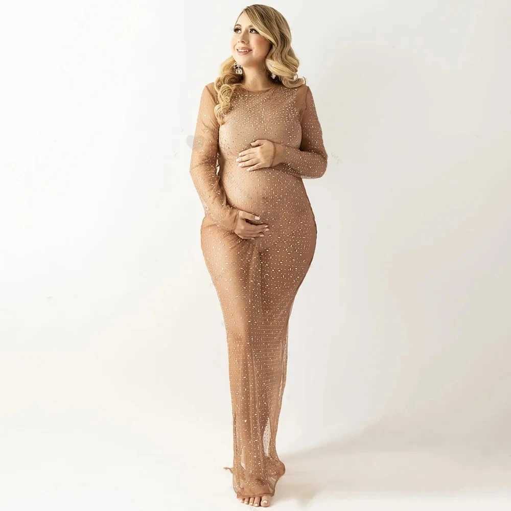 New Transparent Maternity Photography Gowns Sparkling Rhinestone Elastic Mesh Fashion Sexy Dress Pregnant Women For Photo Shoot X250224