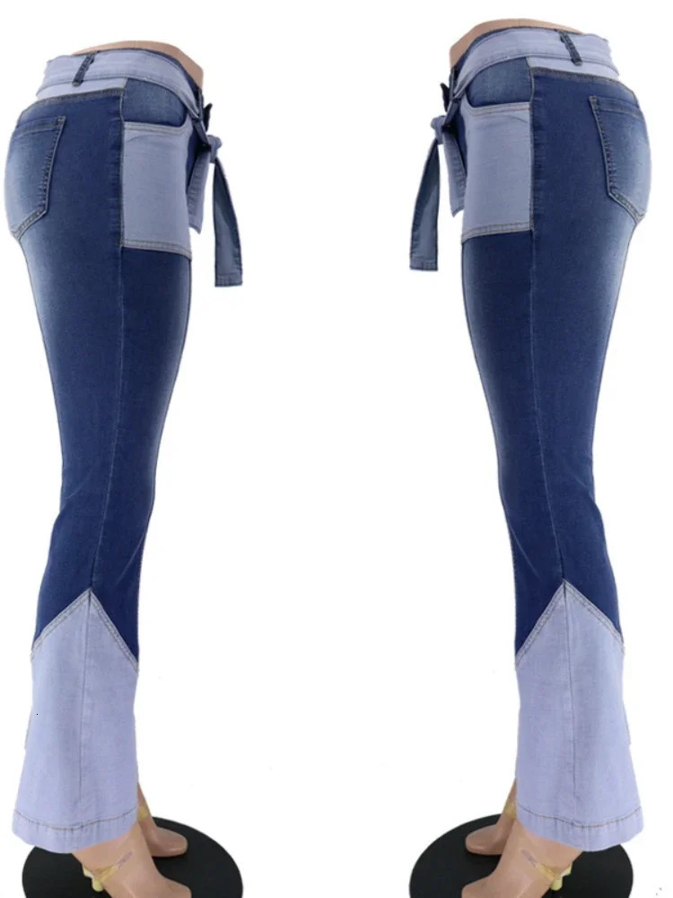 Retro Highwaisted Jeans Women Splicing European and American Clothing Denim Flared Pants Casual Trousers 250311