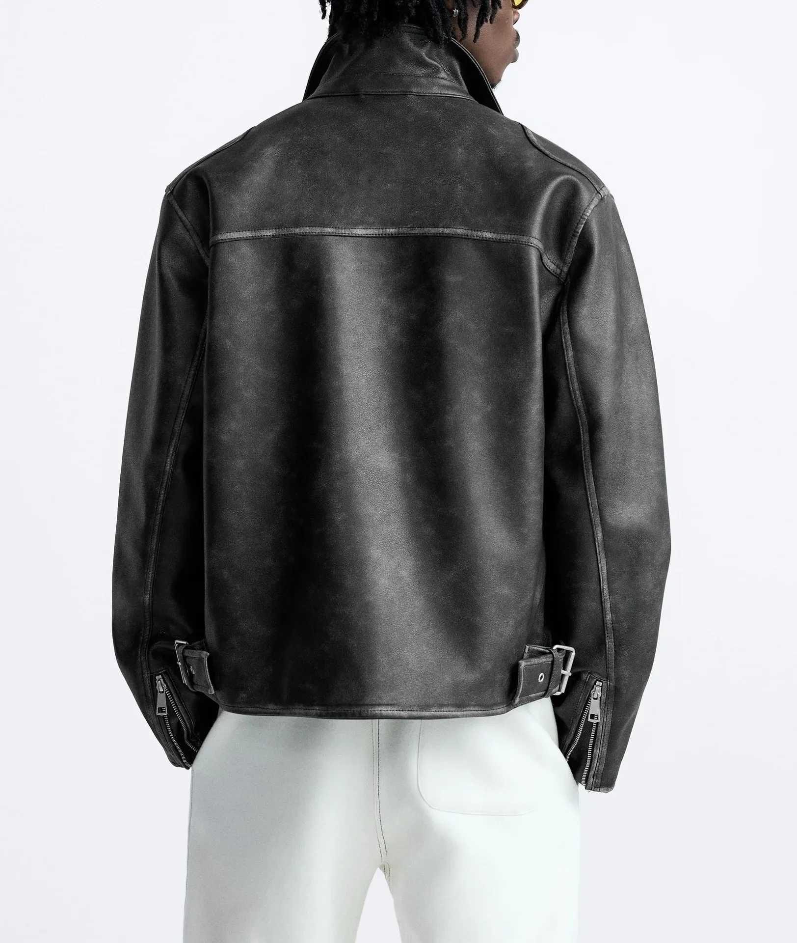 Mens Spring and Autumn New Fashion To Do Old Washed Imitation Leather Jacket Solid Color Casual Lapel Zipper PU Leather JacketT250311