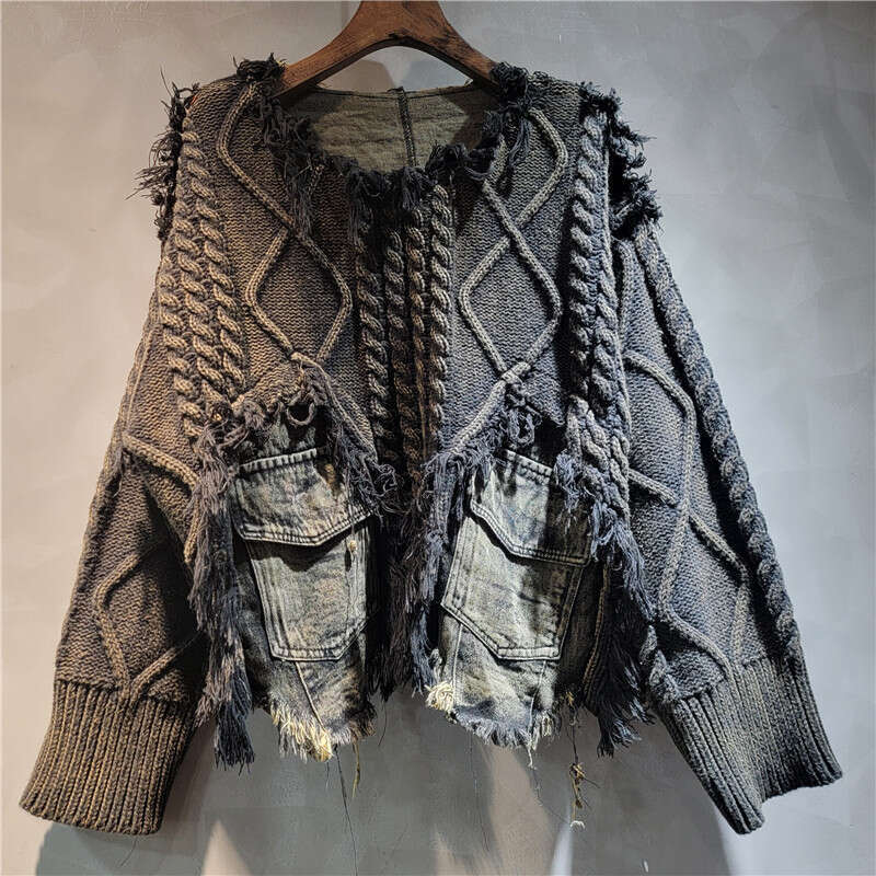 Fashion, Cool, Personality, Foreign Style, Fried Dough Twists Knitting Splicing Denim Round Neck, Long Sleeve, Short Sweater For Women In Autumn And W