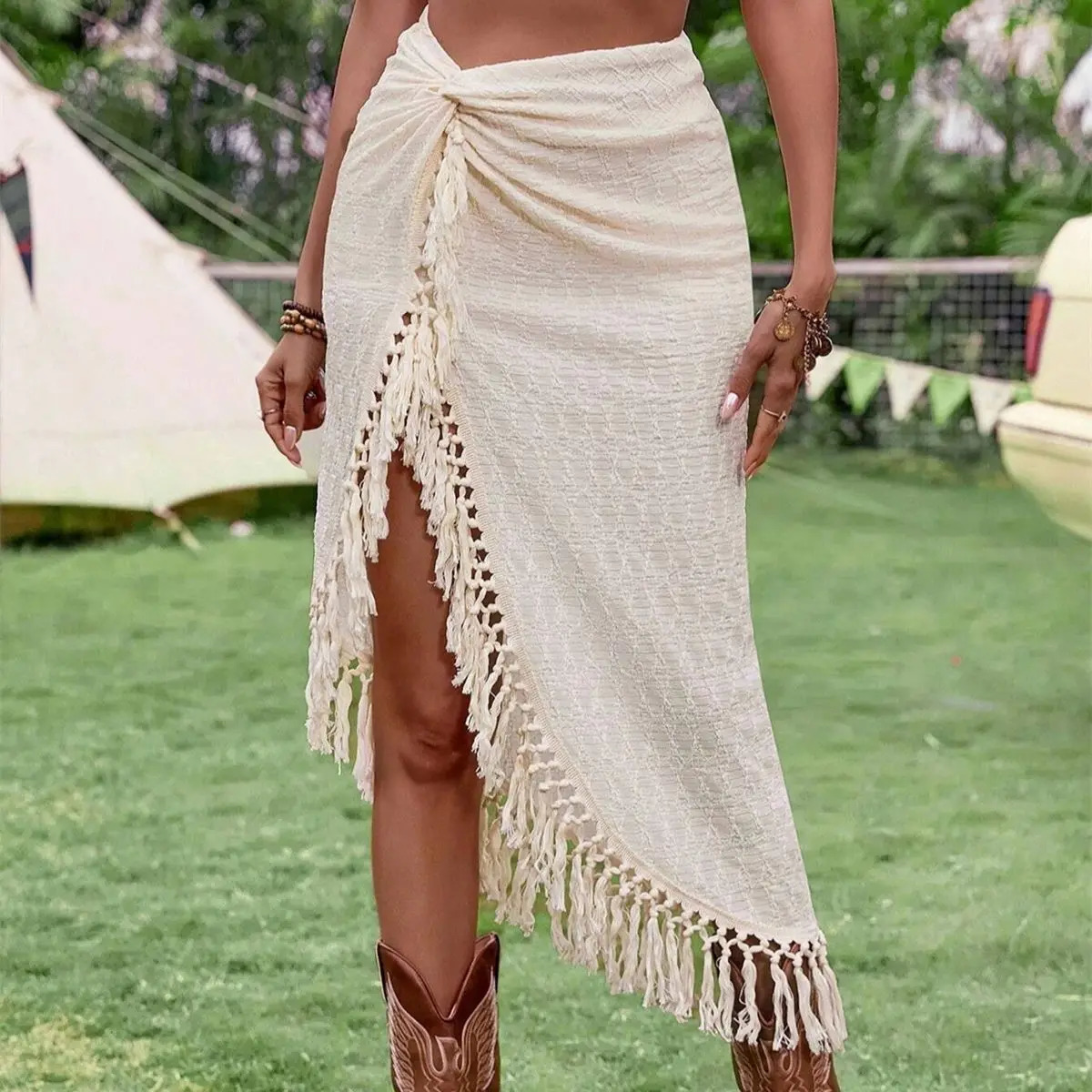 Women Tassels Irregular Skirt Retro In Sexy Skirts Spring Summer Hollow Out Clothing Lady Beach Music Festive Vacation 250311