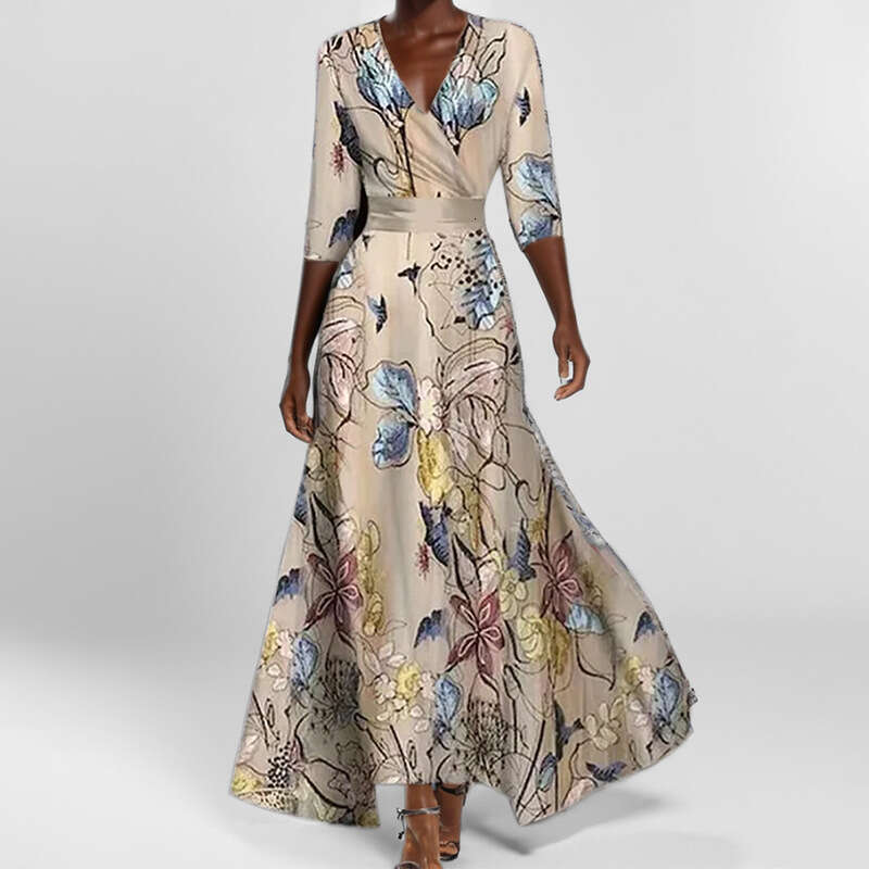 2025 Spring Festival Women's Fashion Elegant Temperament V-Neck Printed Pleated Skirt Long Dress KLMY
