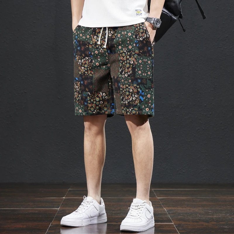 Beach pants mens summer thin ethnic style printed capris trendy loose elastic breathable s shorts 250310