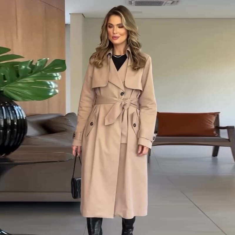 2024 Autumn New Women's Clothing British Style Solid Color Slim Fit Medium Long Versatile Trench Coat