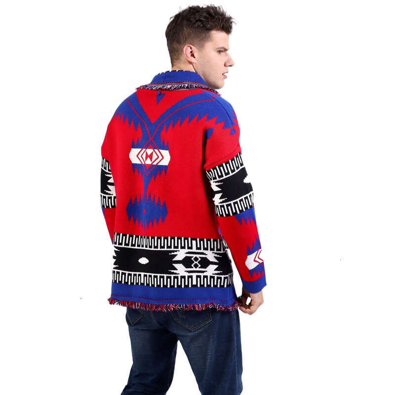 Men's Autumn And Winter New Jacquard Knitted Cardigan Ethnic Style V-Neck Loose Thick Sweater Jacket