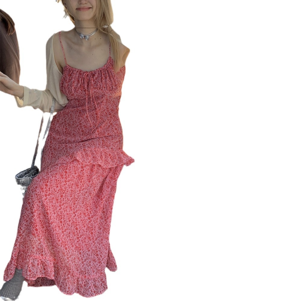 G9190 summer new style ruffled pink floral suspender dress female temperament goddess style sweet mid-length skirt