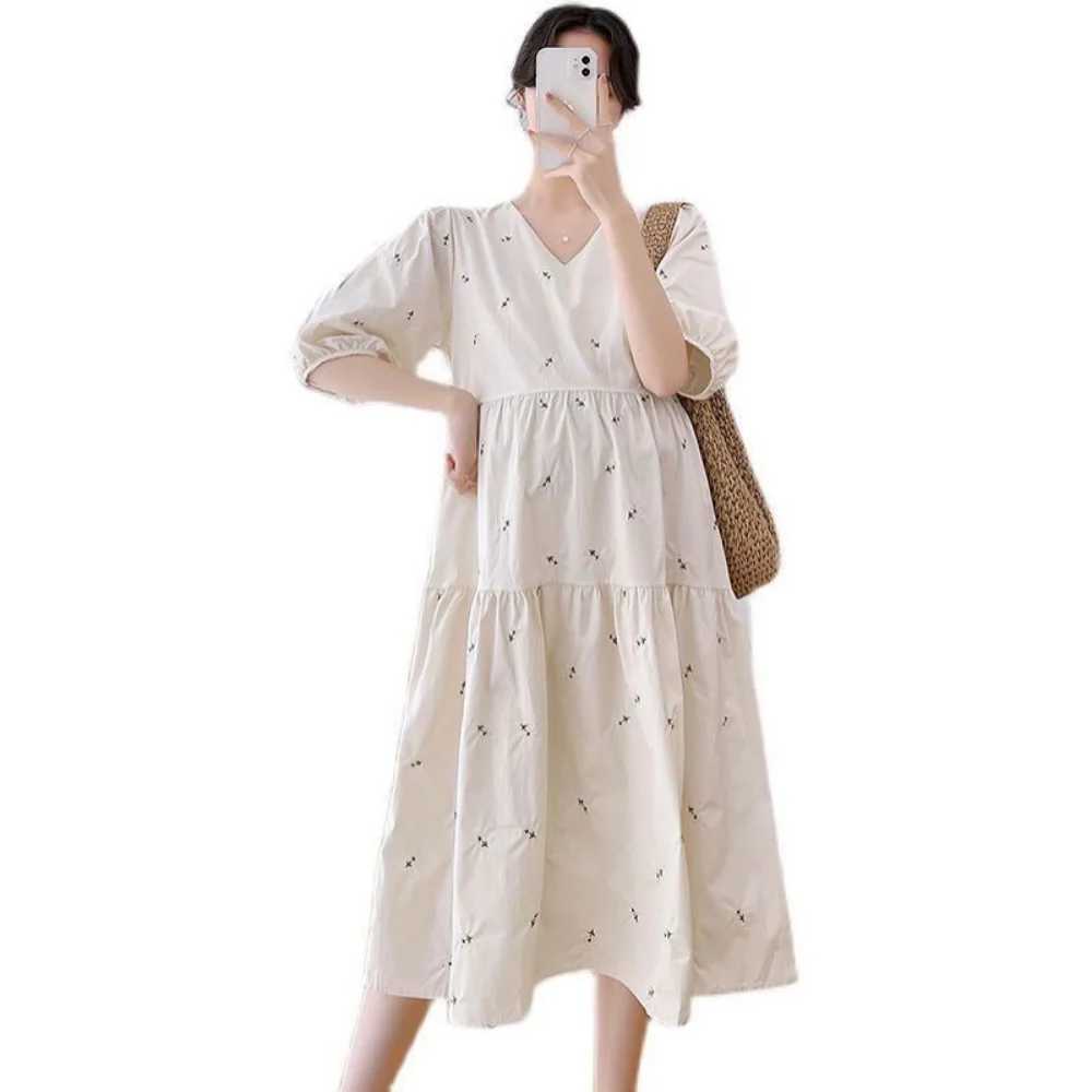 2023 Summer Korean Fashion Maternity Long Dress Elegant Party A Line Short SleeveClothes for Pregnant Women Ins PregnancyT250311