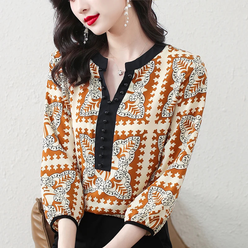 Fashionable 3D rose printed chiffon shirt for spring and summer floral with pleated collar 34 sleeves womens top 250311