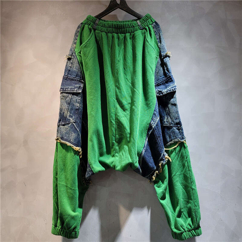 Design Sense, Street Fashion, Cool Personality, Vintage Style, Color Blocking, Elastic Waisted Denim Fashion Set, Big Crotch, And Baggy Pants