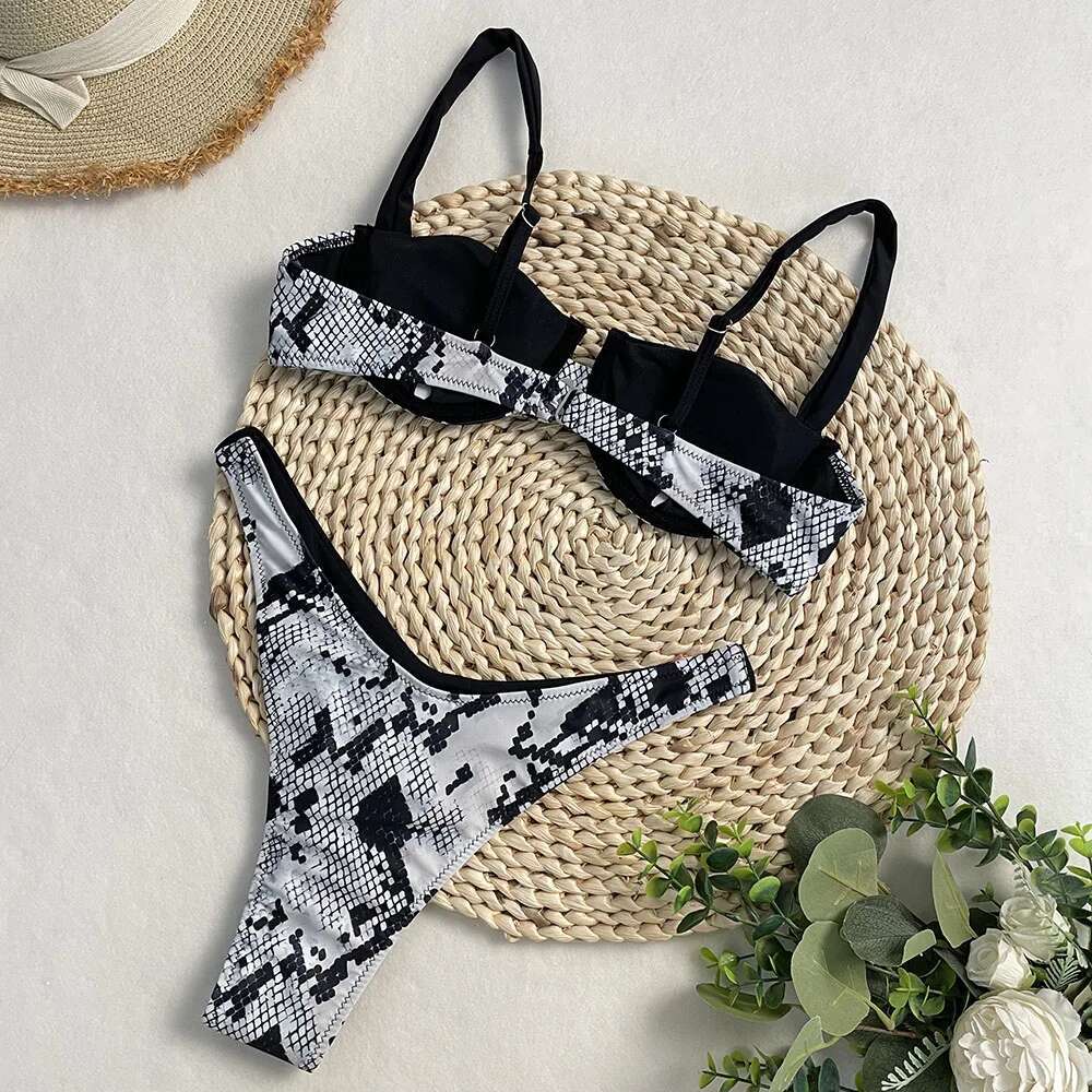 Women Summer Sexy Bathing Suit Snake Print Swimwear Female Beachwear On Vacation Micro Bikini Set