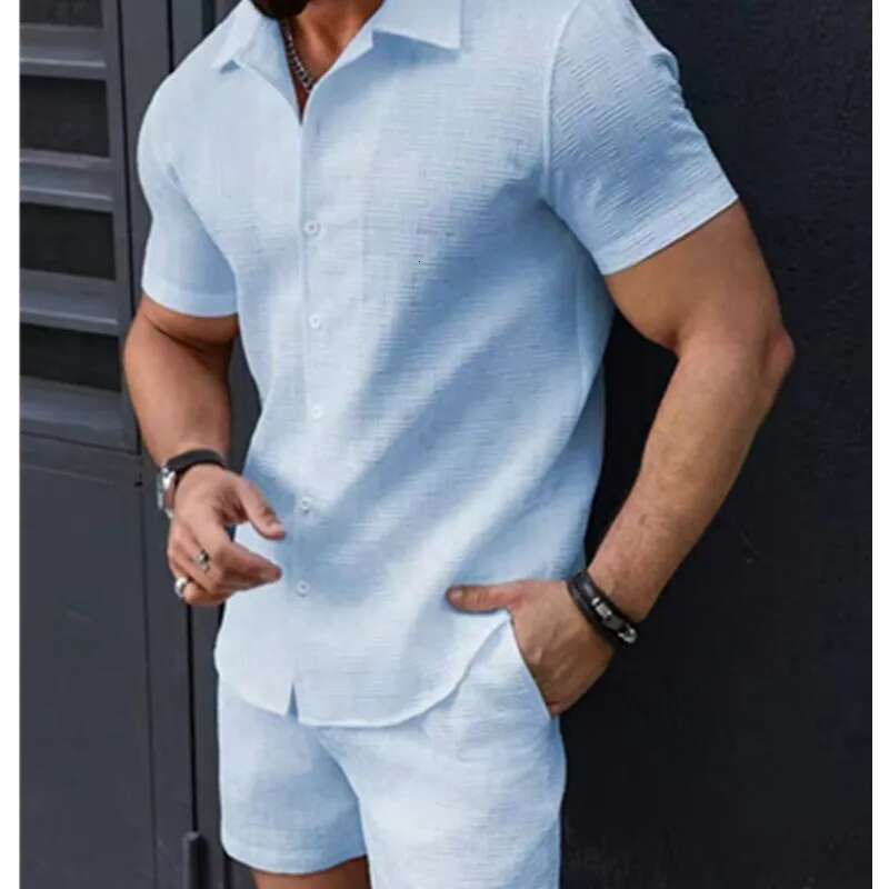 Spring2025/Summer Solid Color Corduroy Sleeve Shirt And Shorts Stretch Beach Casual Suit