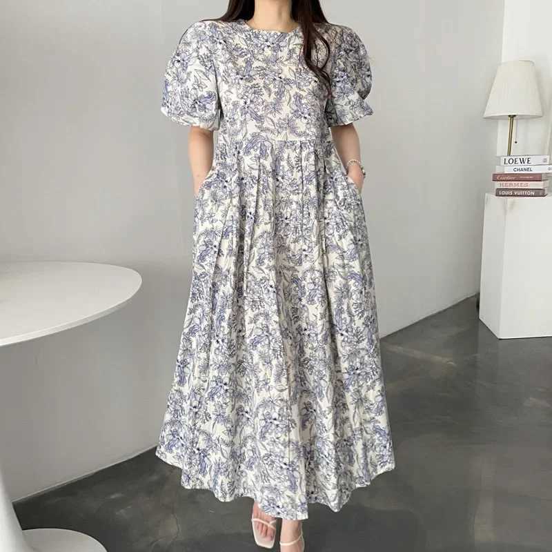 Chic Korean Style Summer Round Neck Ruffle Edge Design Loose Fit Floral Dress Long Dress For Women Fashionable and ElegantT250311