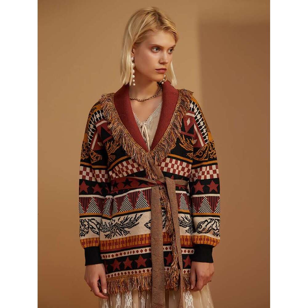 Autumn/Winter Thickened Ethnic Style Sweater Cardigan Loose Jacquard Mid Length Coat With Tassel Knit