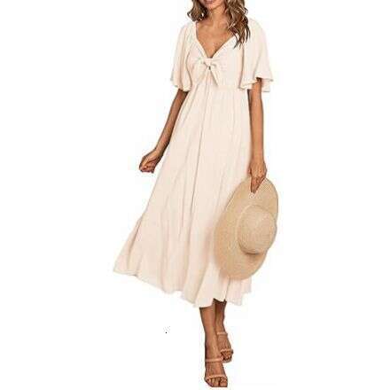 popular European American women's V-neck bow pleated medium long short sleeved dress 2025 new style chic and elegant clothing