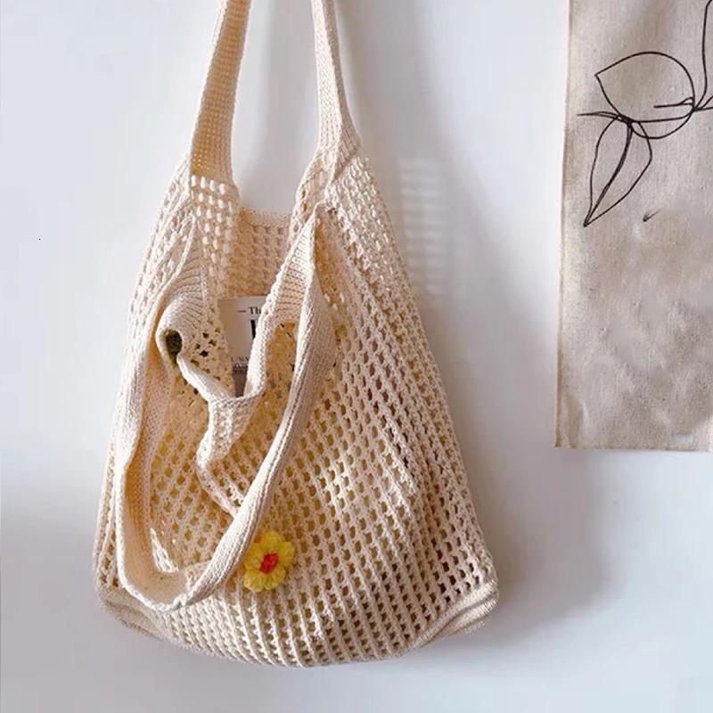 Fashion Hollow Knitted Flower Womens Bags Casual Female Shoulder Bags Crochet Tote Bags Ladies Shopping Top-Handle Bags Handbag R250311