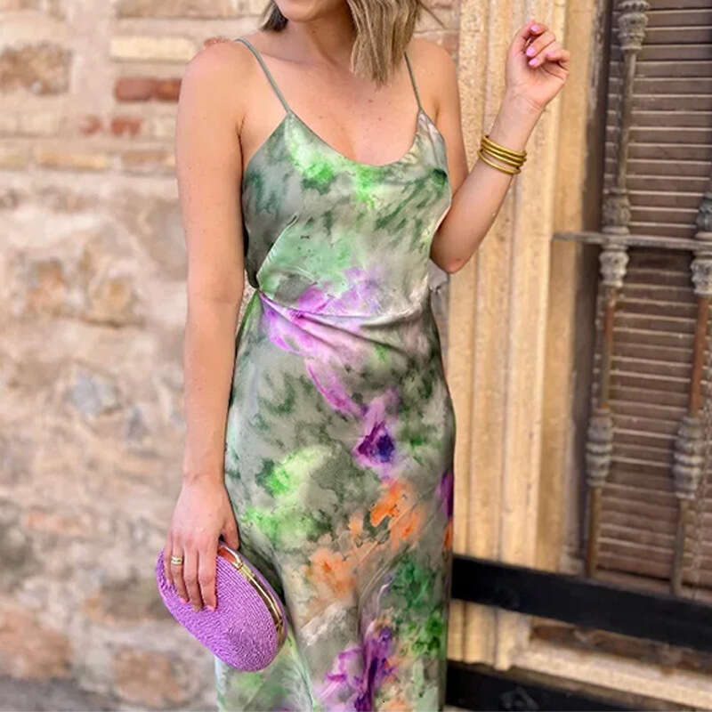 Women's Fashionable Elegant Sexy Vacation Style Printed Tie Dye Long Sleeved Beach Sling Set KLMY