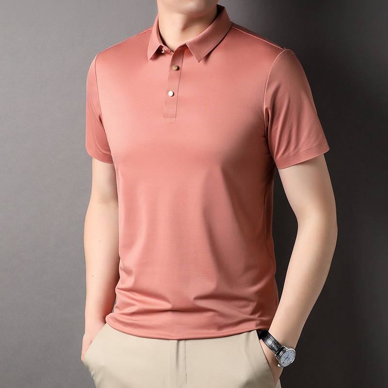 Ice silk short sleeved polo shirt, business casual formal wear, no iron high-end pure color high elasticity t-shirt, men's light luxury tracksuit