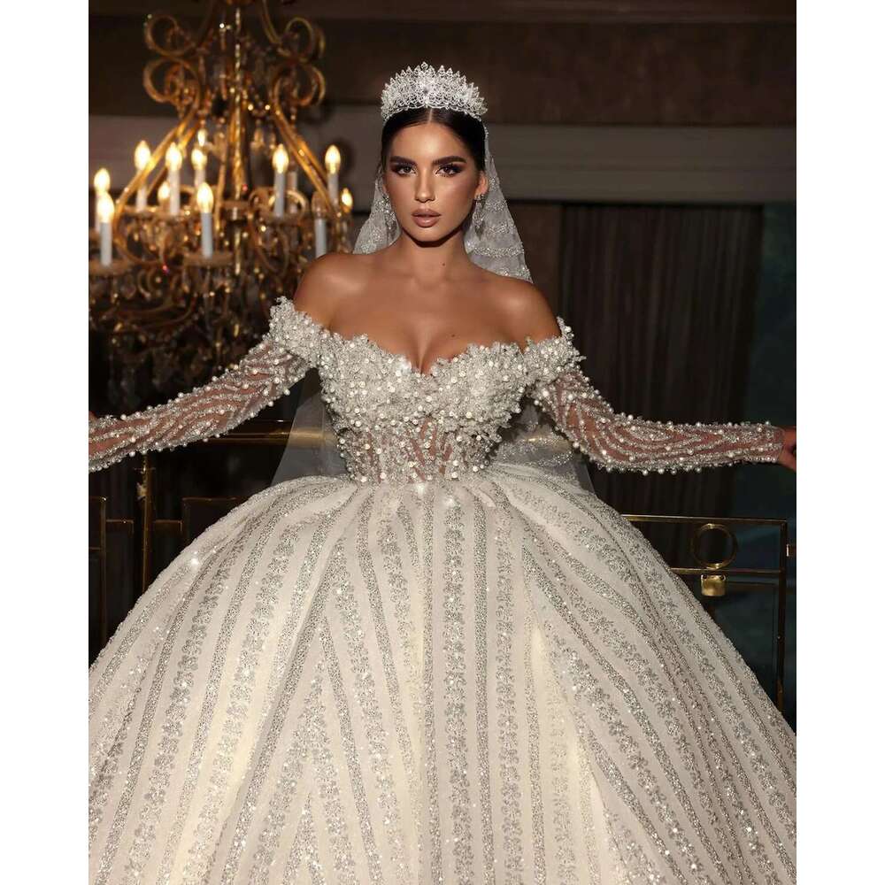 uoo off the shoulder dress sexy custom beads wedding dresses glitter sequins robe