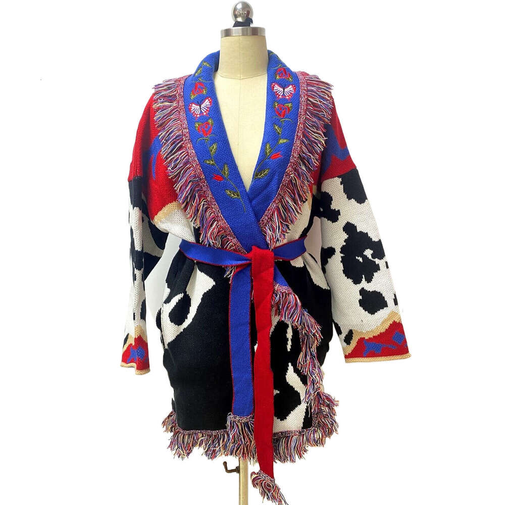 Ethnic Style Women's Wool Blended Embroidered Sweater Jacket Loose, Medium To Long Cow Jacquard Cardigan
