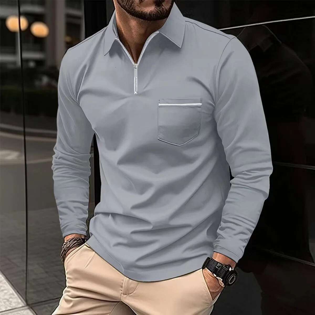 Spring Autumn Solid Color Polo Shirt Zipper Pocket Lapel Men's Casual Sports Long Sleeve Top Men
