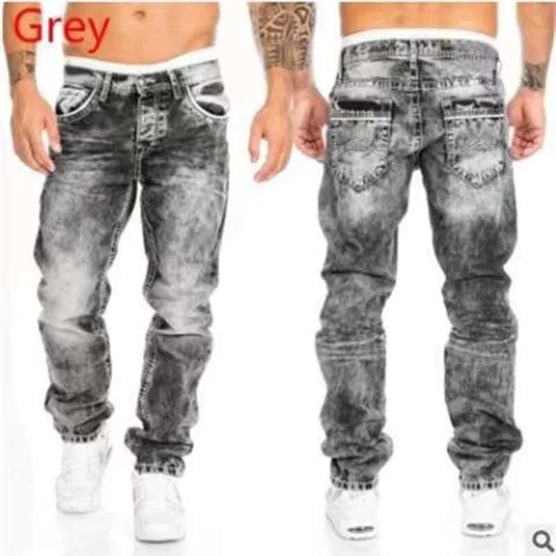 Retro Washed Straight Leg Hip-hop Fashion Designer Men s Streetwear Casual Denim Work Pants Spring And Autumn Zipper Printed Elastic Jeans 2025 New It