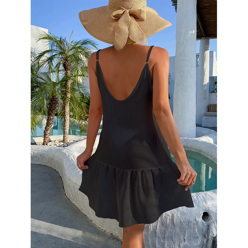 Women's Summer Fashion Sexy V-Neck Wide Truffle Beach Skirt Back Ruffle Edge Sling Dress