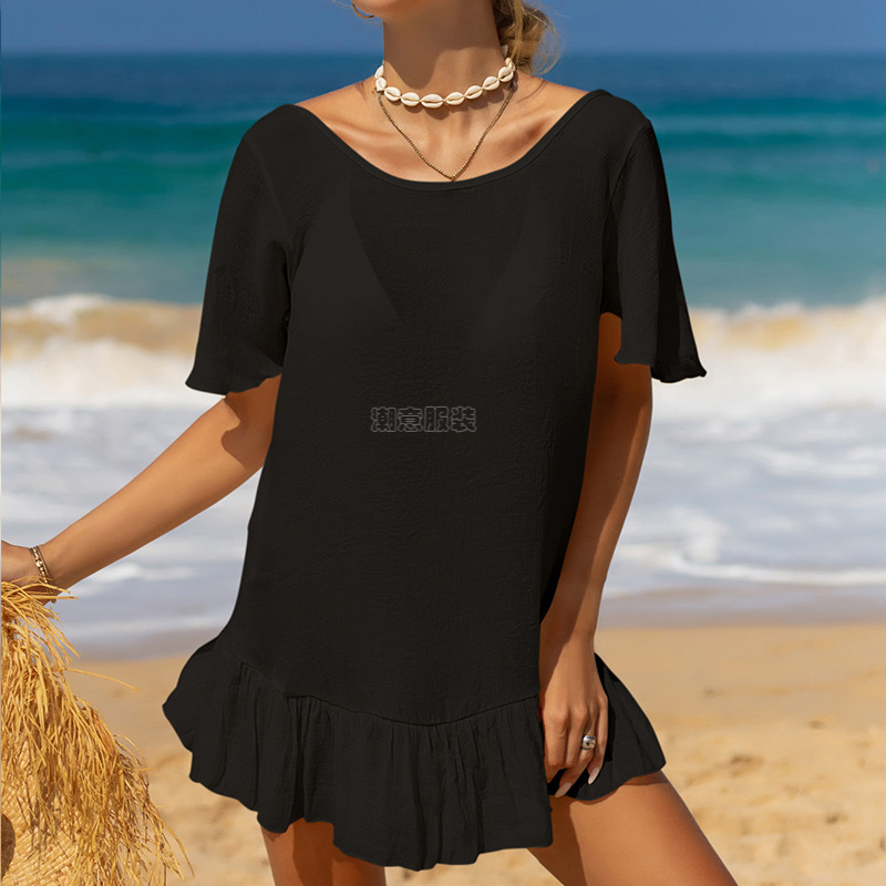 New Holiday Solid Color Hand Hook Butterfly Splicing Mushroom Edge Loose Sunscreen Sexy Beach Short Cover Shirt