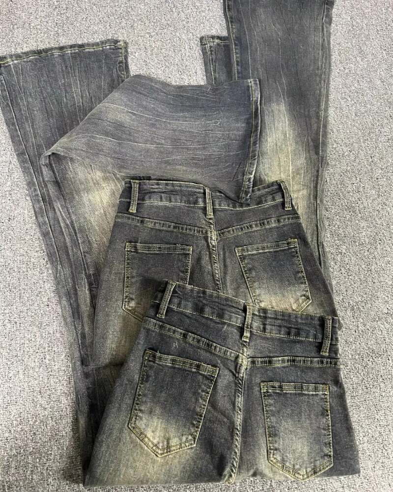 Gothic Washed Denim Flare Women Autumn Streetwear Slim Black Grey High Waisted Jeans Vintage Long Pants Y2k Clothes