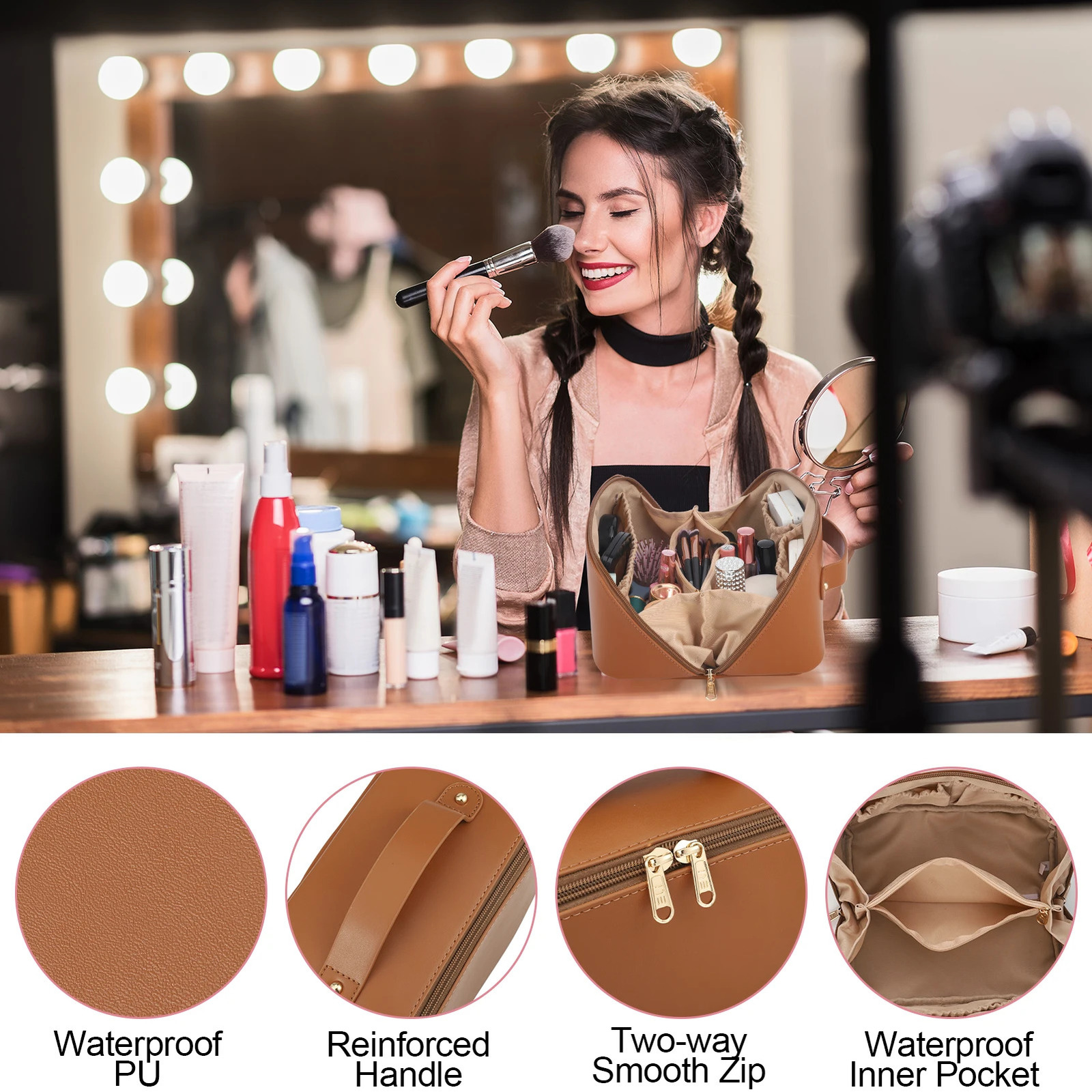Travel makeup bag with divider and handle portable PU leather waterproof toilet large capacity womens 250311