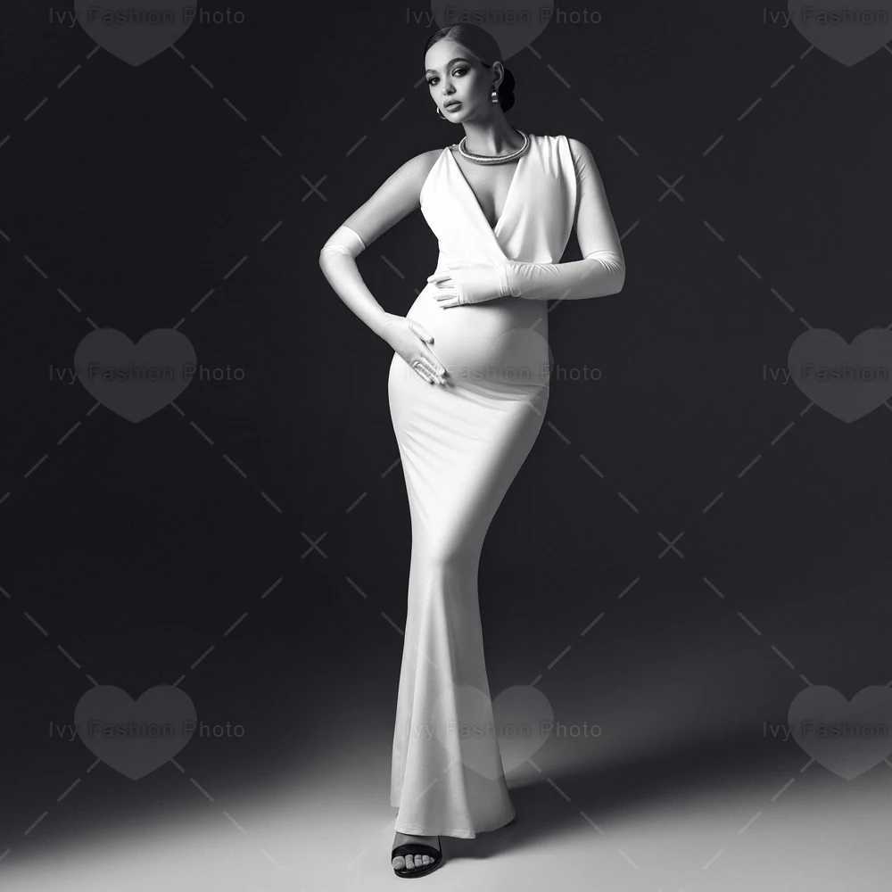 Photo shoot Pregnant womens party dress with solid color single shoulder slim fit elastic fabric X250224