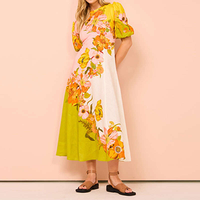 2025 Summer New Women's Clothing Ethnic Style Printed Fashionable Bubble Sleeves Slim Fit Large Swing Dress KLMY