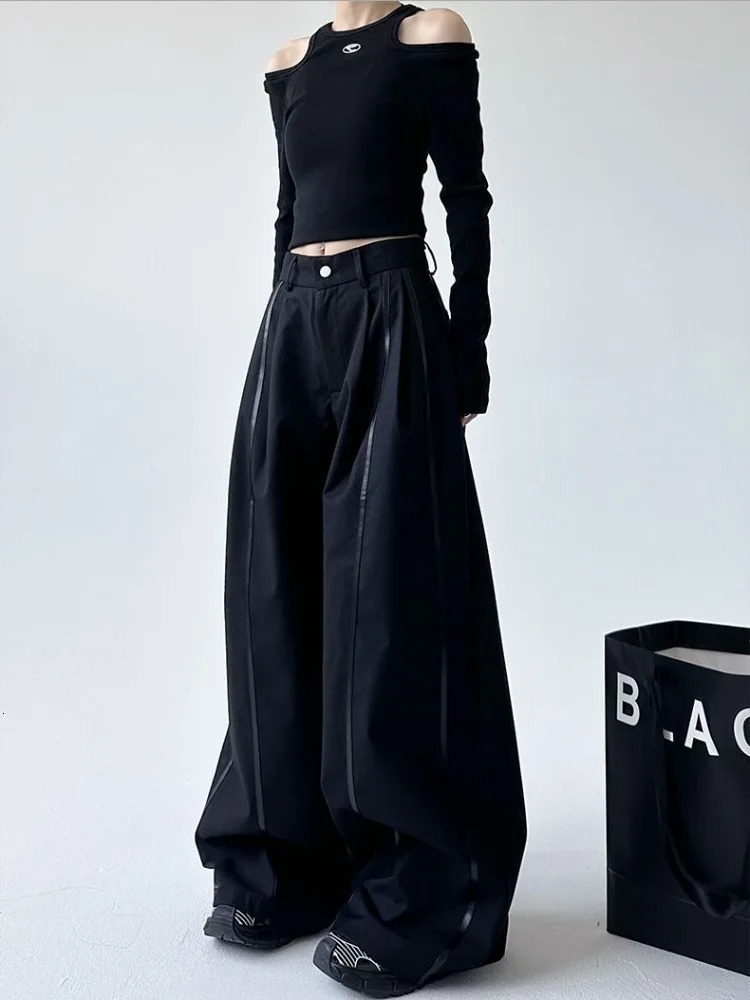 HOUZHOU Y2k Baggy Black Patchwork Pants Leather Striped Vintage Woman Oversized Harajuku Trousers Korean Casual Slacks Autumn 250305