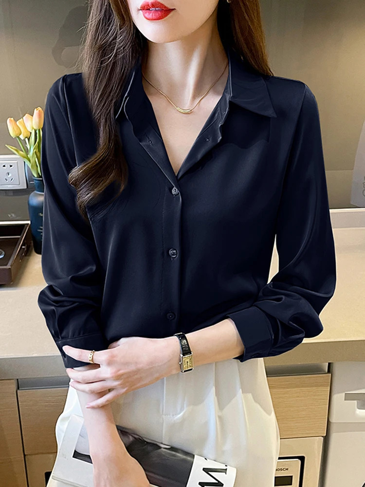 Minimalist Long Sleeve Satin Blouses Shirt Women Korean Style Solid Loose Shirts Blouse Female Casual Clothes OL Ladies Top 250310