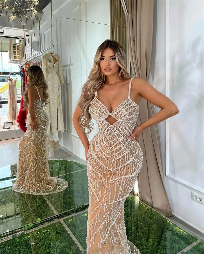 Women's Long Lantern Dresses Flattering Ball Gowns Spaghetti Ribbons Frissed Pearl Champagne Party Dress prom