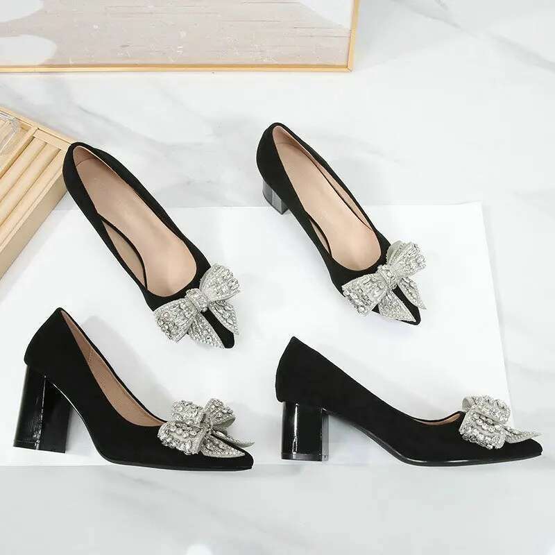 High Heel Spring New Black Suede Pumps Rhie Bow High Heels Professional Work Temperament Women S Single Shoes