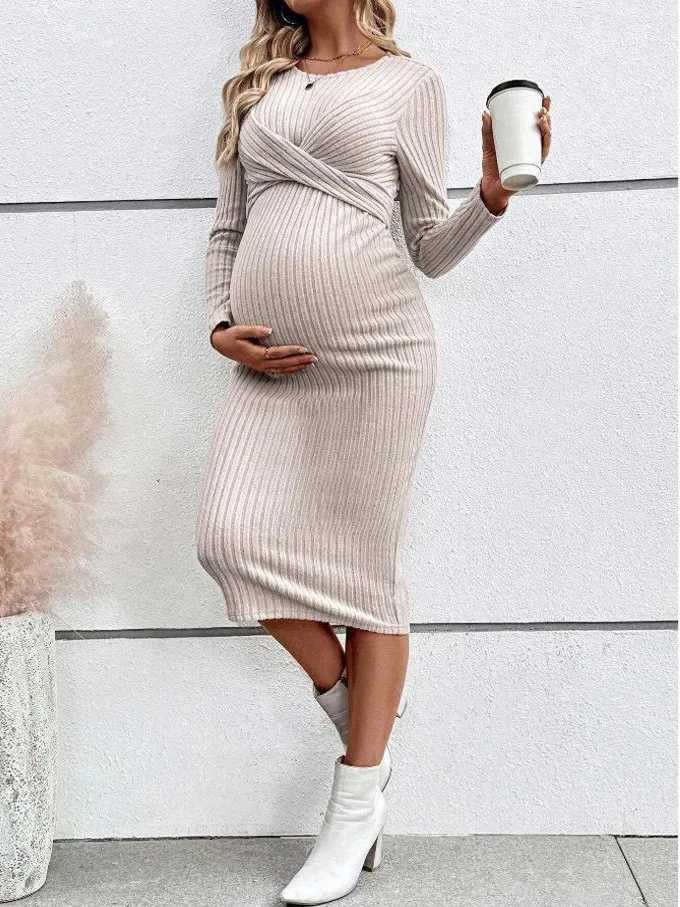 2024 Autumn Winter Maternity Women Solid Slim Dresses Pregnant Women Elegant A Line Across Tie Casual Dress Premama Hot ClothesT250311
