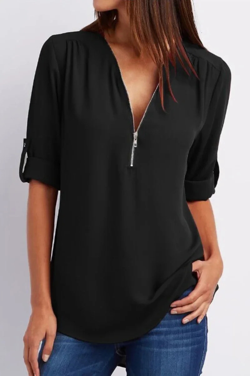 Quality Sale Plus Size Deep V Neck Women Blouse Chiffon Cool Loose Shirt Fashion Casual Ladies Tops Sexy Zipper Pullover 250311