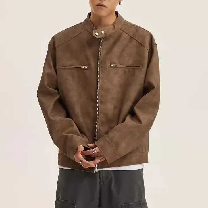 American Style Street Motorcycle Jacket For Men And Women 2024 Autumn New Loose Fit Casual Stand Collar Top Leather ClothingT250311