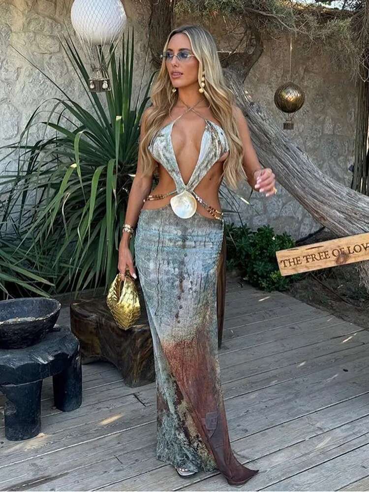 Sexy Halter Tie-Dye Women Maxi Dress Fashion Cut Out High Waist Chest Wrapped Backless Robe 2025 New Spring Female Beach Dresses