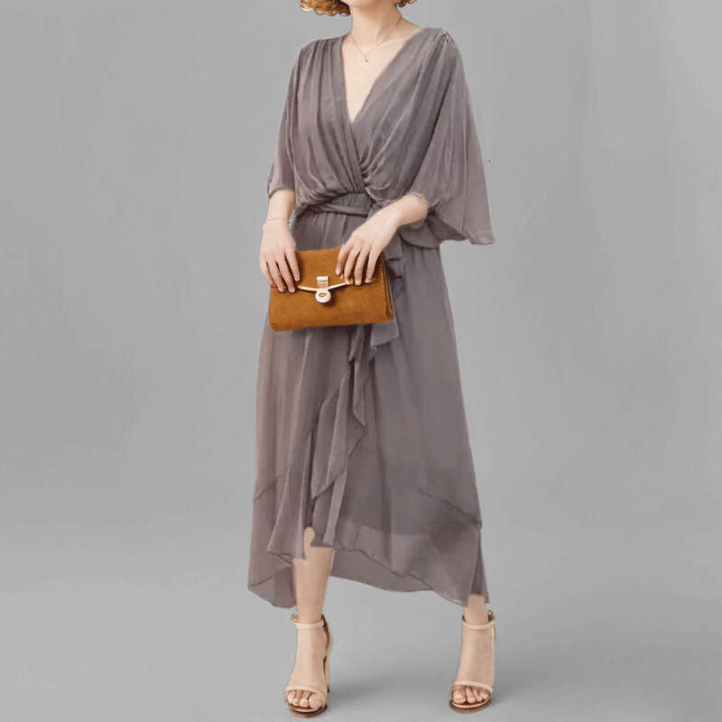 2025 Spring New Women's Solid Color Lace Up Deep V-Neck Long Dress With Bat Sleeves KLMY