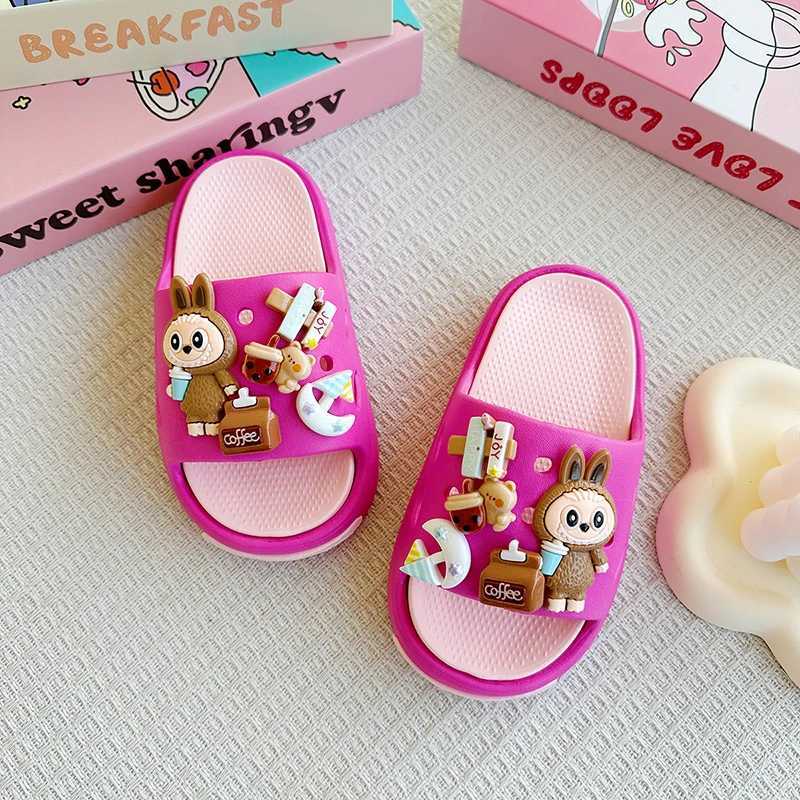 New Popular Cartoon Coffee Labubu Versatile Eva Slippers for Boys and Girls Fashionable Double Soft-Soled Non-Slip SandalsT250311