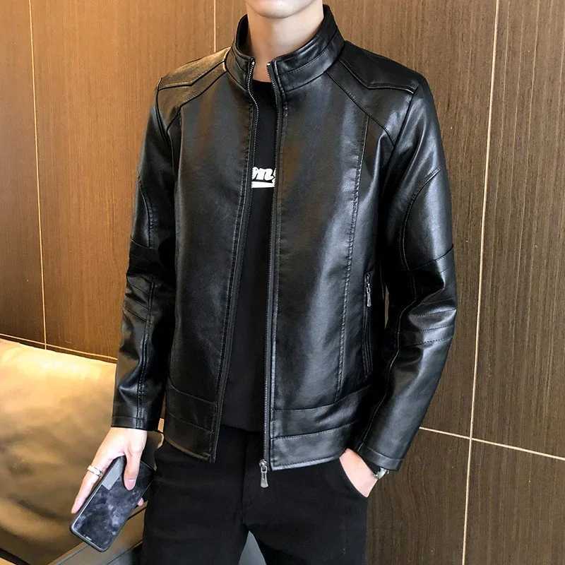 Stand Collar Mens Fashion Leather Jacket Slim Fit Casual Business Leather Jacket Mens Leather Jacket Top Clothing Trend JacketT250311