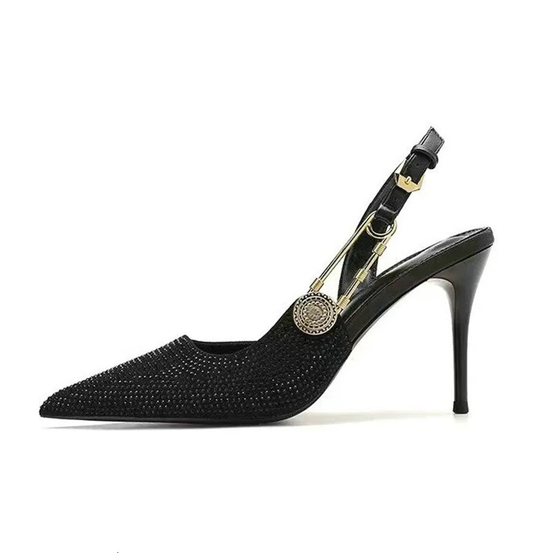 Bling Diamond High Heels Women Spring Pumps Pointy Head After Empty Sexy Metal Girl Temperament Baotou French Sandals 250310