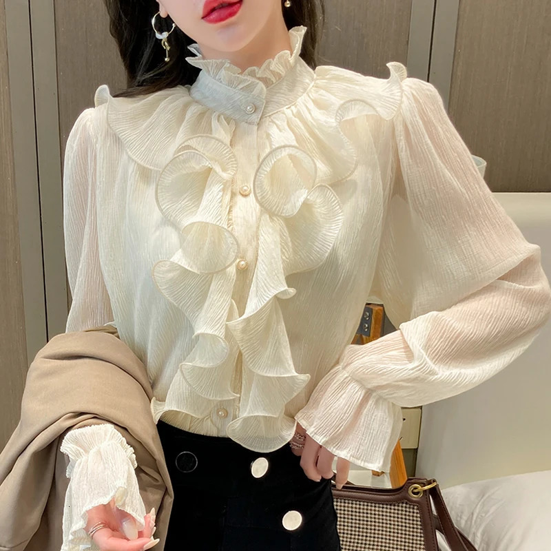 Autumn Vintage Ruffles Clothes Lace Blouse Women Spring Stand Collar White Chiffon Shirt Long Puff Sleeve Loose Tops Elegant 250310