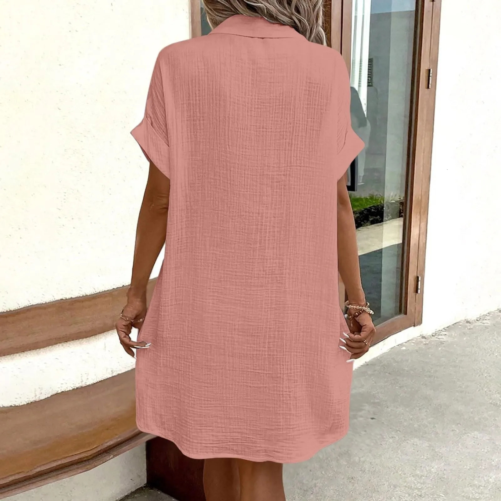 Womens Fashion Summer Minimalist Vneck Button Dress Cotton Flax White Short Sleeve Pocket Casual Loose Shirt 250311