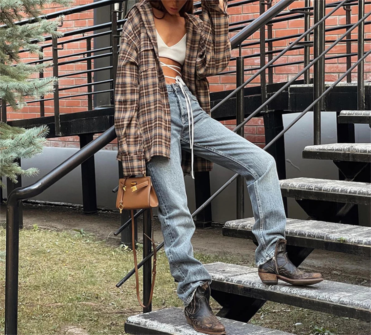 Womens Vintage Loose Plaid Blouse Spring Autumn Long Sleeve Oversized Tops Fashion High Street Single Breasted Shirts West Cowboy 250311