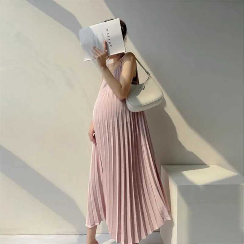 2023 Summer Sleeveless Pregnant Womens Pink Dress Chiffon Skirt Korean version Hanging Strap Skirt Maternity Long Dress LE952T250311