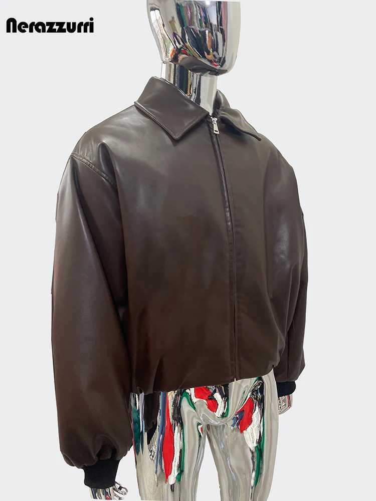 Nerazzurri Spring Autumn Cool Short Oversized Warm Brown Pu Leather Jacket Men Zipper Loose Casual Korean Fashion Clothes 2024T250311